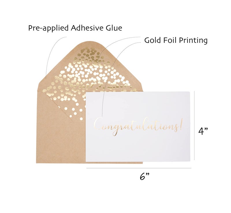 Partay Shenanigans 50 Pack Congratulations Card â€“ Elegant Greeting Cards With â€˜â€™Congratulationsâ€™â€™ Embossed In Gold Foil Letters â€“ For Engagement, Graduation, Wedding - 52 Kraft Envelopes Included - 4" x 6" - White - Image 2